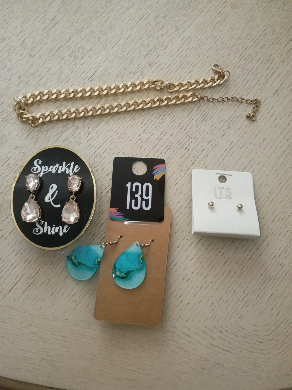 Gold Chain Necklace with Mixed Earring Set - Teal, Blush & Gold